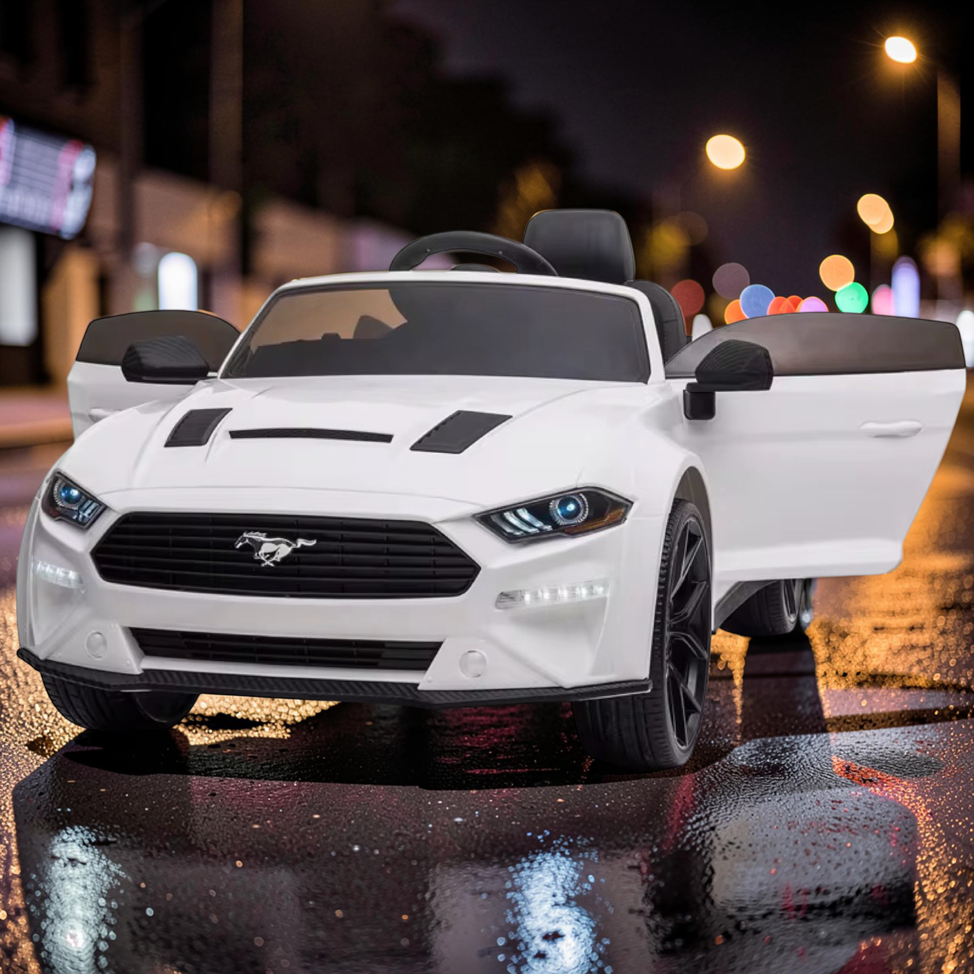 2026 Large Ford Mustang Kids Ride-On Car – 90W Dual Motors, Leather Seat, Rubber Tires, LED Lights, Bluetooth Speakers & Remote Control (Ages 1–7)
