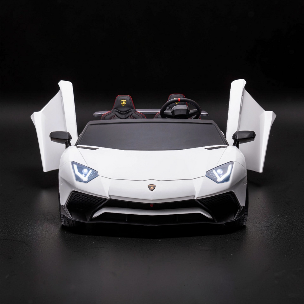 2026 Lamborghini Aventador Kids Electric Supercar – XXXL 2-Seater (Ages 6–14), 200W Brushless Motor, Metal Frame, Tubeless Air Tires, Dual Disk Brakes, Hydraulic Doors, LED Lights, Touchscreen LCD & Bluetooth Speakers