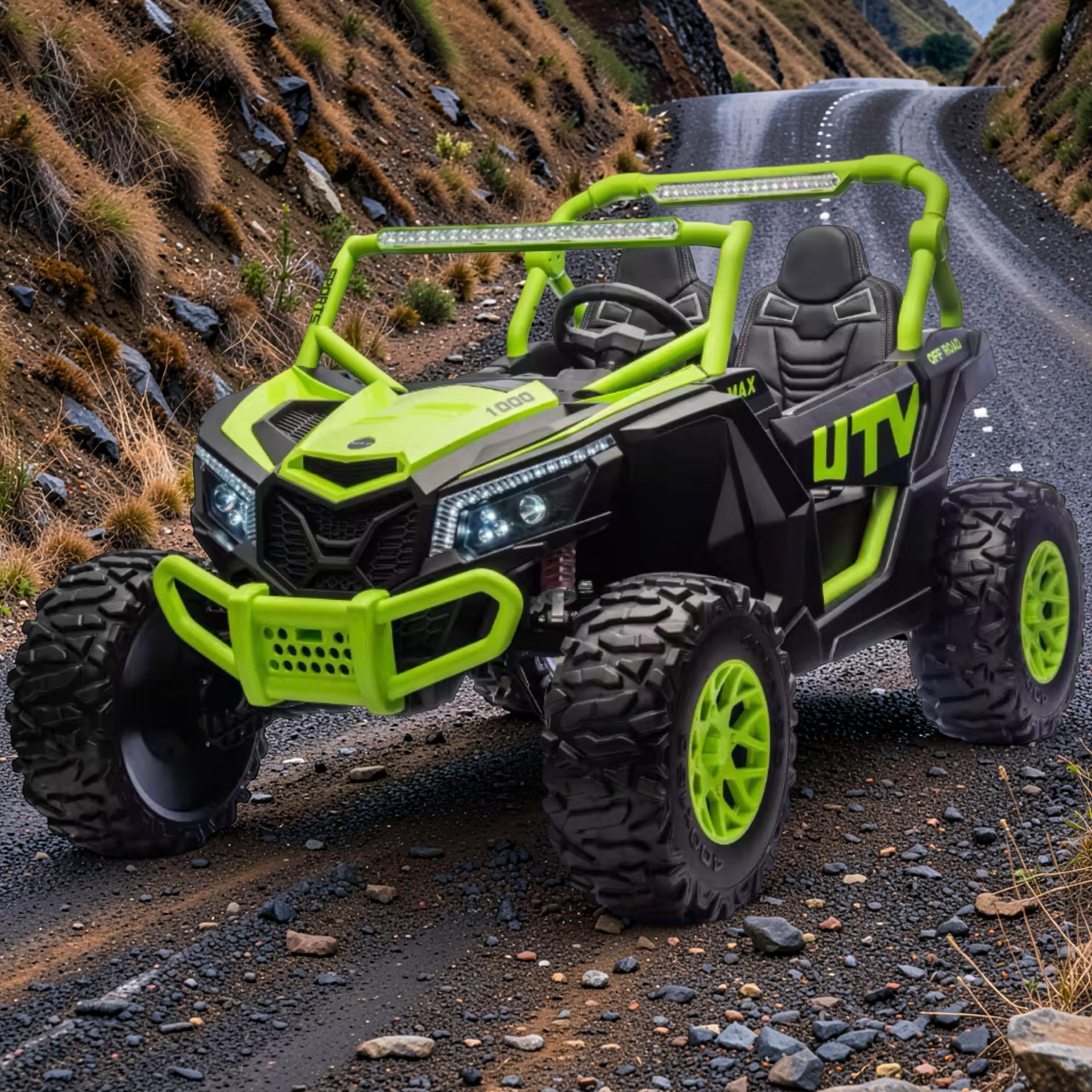 2026 XXL UTV Z Kids 2-Seater Ride-On – 180W 4 Motors, Leather Seats, Rubber Tires, Touchscreen LCD, LED Lights, Bluetooth Speakers & Remote Control (Ages 3–8)
