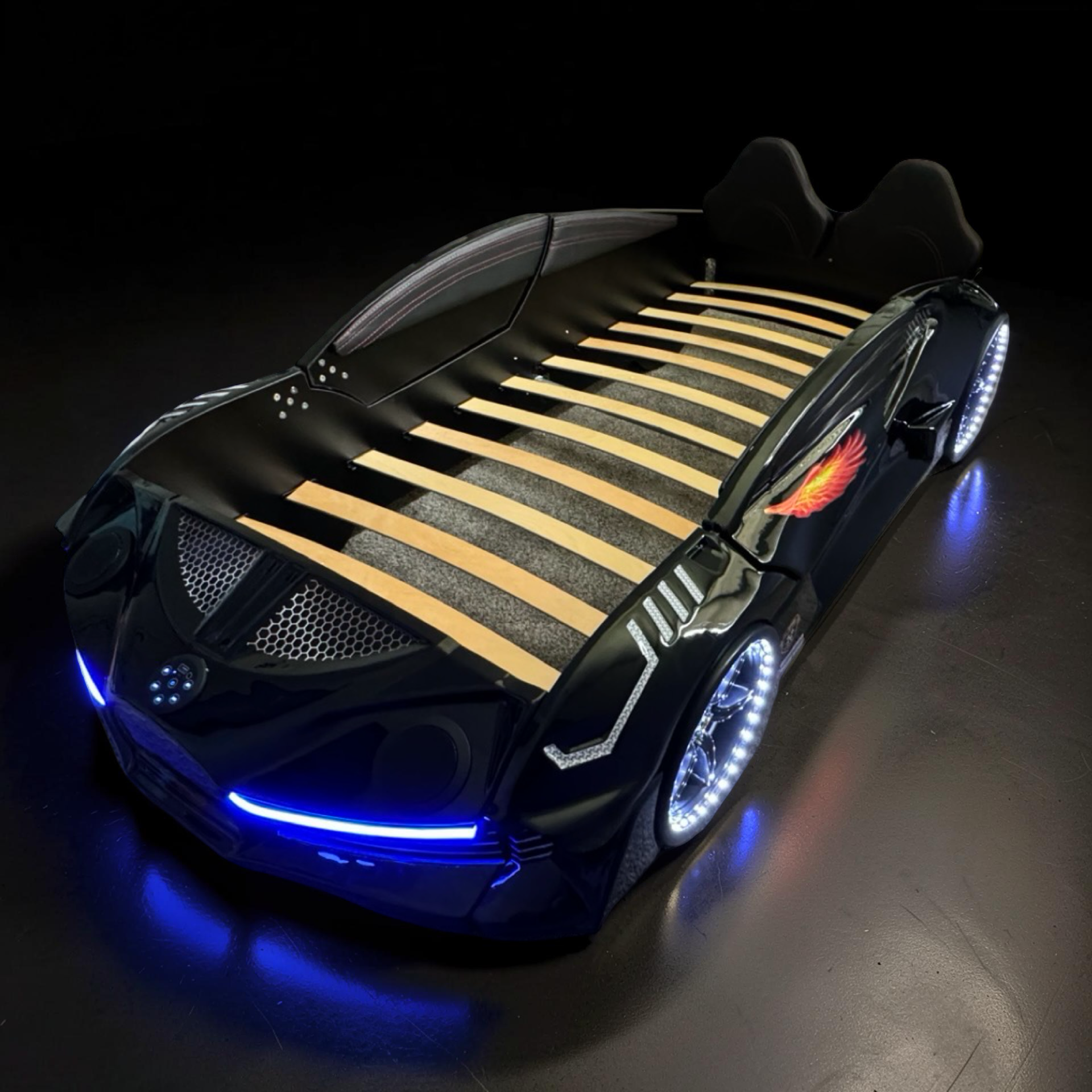 2026 Twin-Size Electronix Car Bed – LED Lights, Bluetooth Speakers, Subwoofer, Hydraulic Butterfly Doors, Leather Headboard & Remote Control (Ages 3–14)