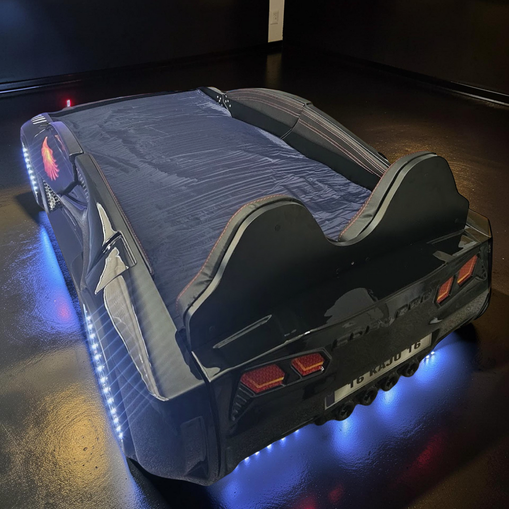 2026 Twin-Size Electronix Car Bed – LED Lights, Bluetooth Speakers, Subwoofer, Hydraulic Butterfly Doors, Leather Headboard & Remote Control (Ages 3–14)