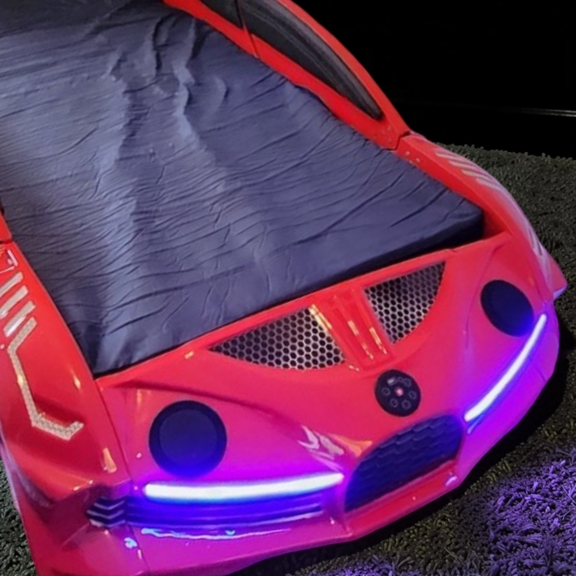 2026 Twin-Size Electronix Car Bed – LED Lights, Bluetooth Speakers, Subwoofer, Hydraulic Butterfly Doors, Leather Headboard & Remote Control (Ages 3–14)