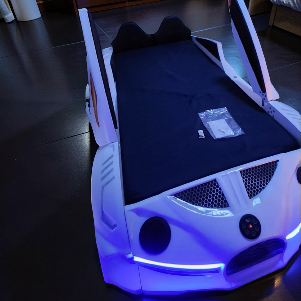 2026 Twin-Size Electronix Car Bed – LED Lights, Bluetooth Speakers, Subwoofer, Hydraulic Butterfly Doors, Leather Headboard & Remote Control (Ages 3–14)