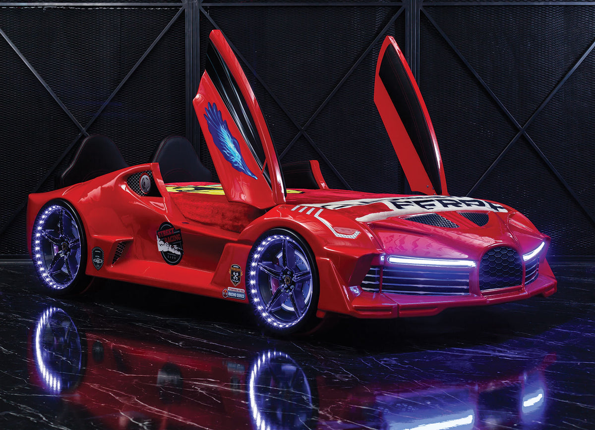 2026 Twin-Size Electronix Car Bed – LED Lights, Bluetooth Speakers, Subwoofer, Hydraulic Butterfly Doors, Leather Headboard & Remote Control (Ages 3–14)