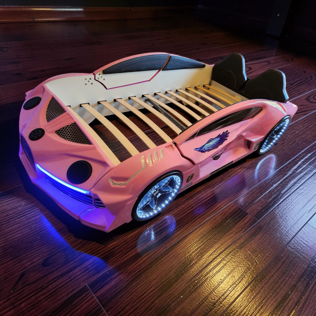 2026 Twin-Size Electronix Car Bed – LED Lights, Bluetooth Speakers, Subwoofer, Hydraulic Butterfly Doors, Leather Headboard & Remote Control (Ages 3–14)