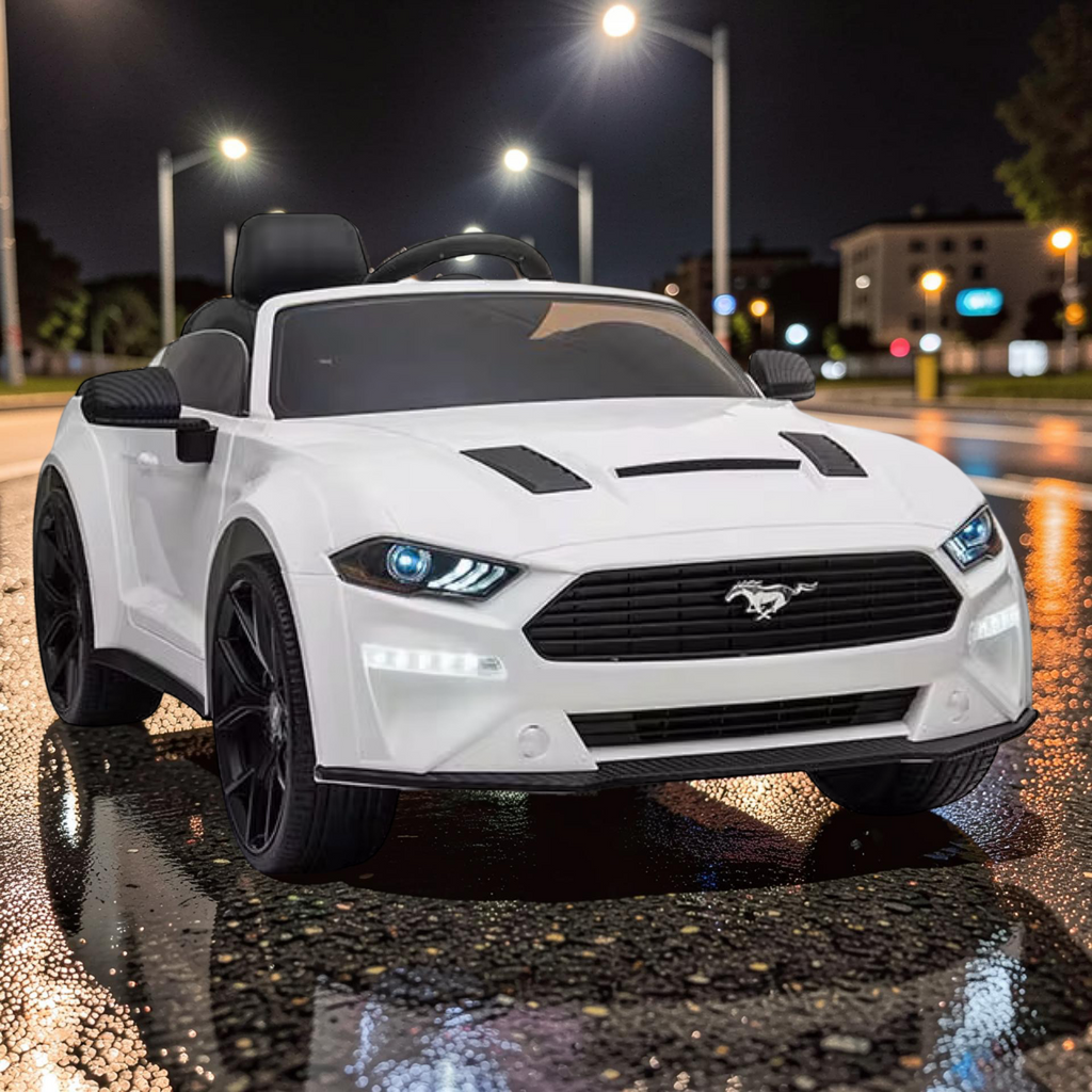 2026 Large Ford Mustang Kids Ride-On Car – 90W Dual Motors, Leather Seat, Rubber Tires, LED Lights, Bluetooth Speakers & Remote Control (Ages 1–7)