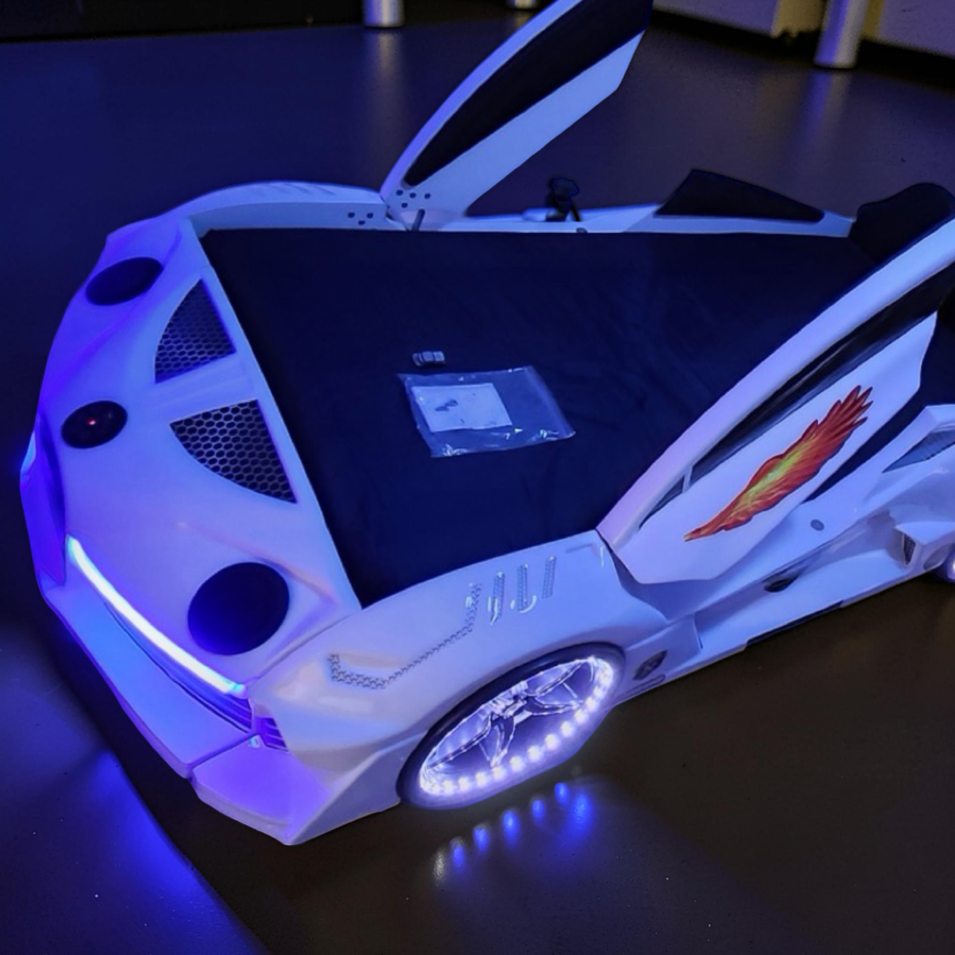 2026 Twin-Size Electronix Car Bed – LED Lights, Bluetooth Speakers, Subwoofer, Hydraulic Butterfly Doors, Leather Headboard & Remote Control (Ages 3–14)
