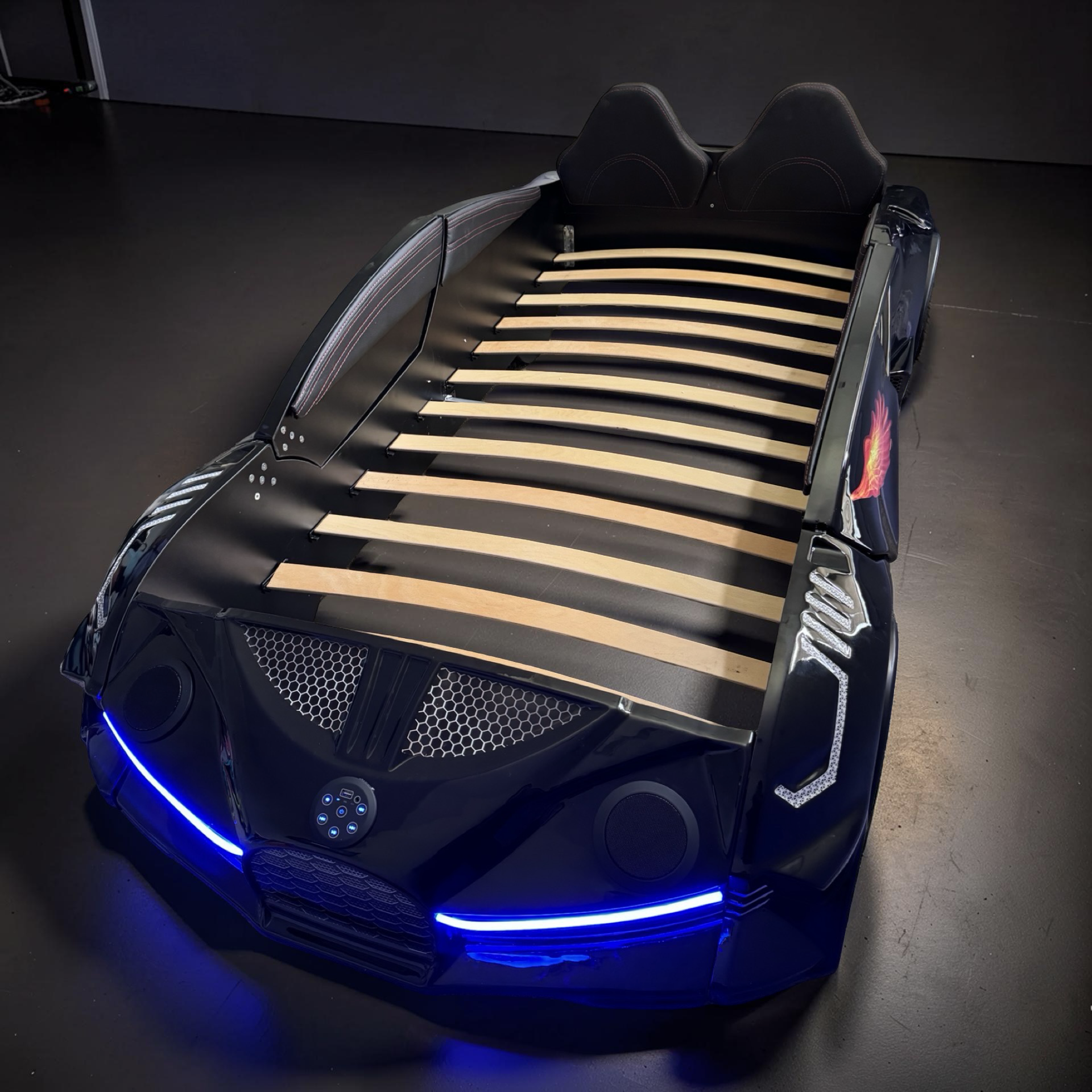 2026 Twin-Size Electronix Car Bed – LED Lights, Bluetooth Speakers, Subwoofer, Hydraulic Butterfly Doors, Leather Headboard & Remote Control (Ages 3–14)