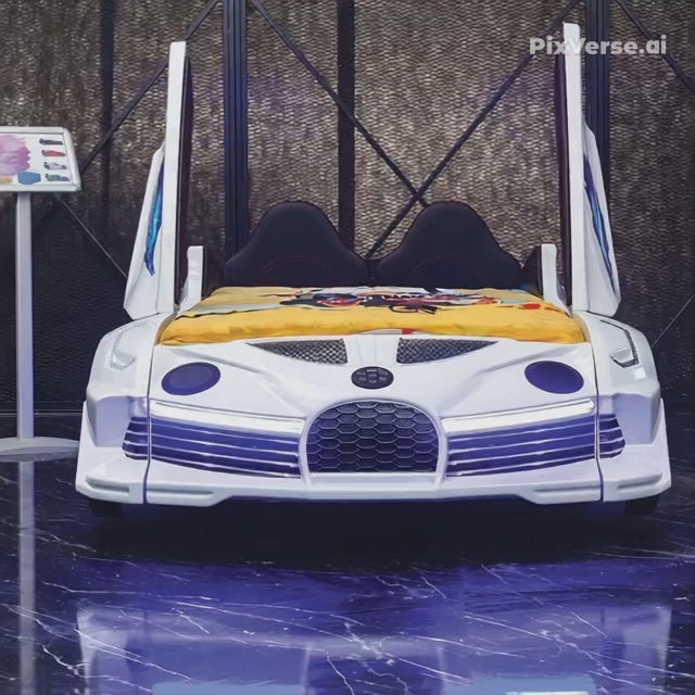2026 Twin-Size Electronix Car Bed – LED Lights, Bluetooth Speakers, Subwoofer, Hydraulic Butterfly Doors, Leather Headboard & Remote Control (Ages 3–14)
